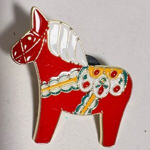 Vintage inspired Red enameled Swedish Dala Horse Brooch with Gold Accents